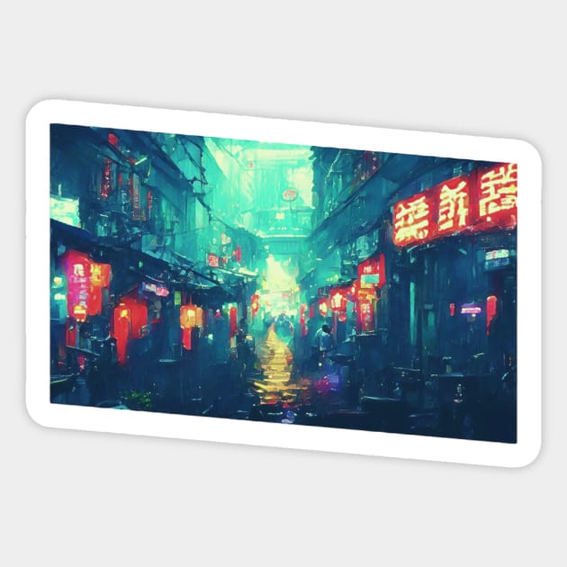 Cyberpunk Neon Rain City Sticker by FabDesign